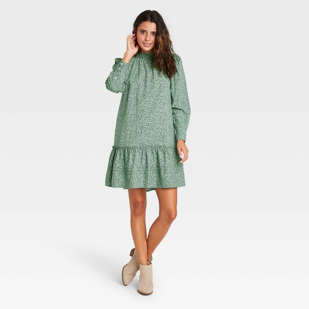 Women's Floral Print Puff Long Sleeve Ruffle Dress - Universal Thread Green XXL | Target