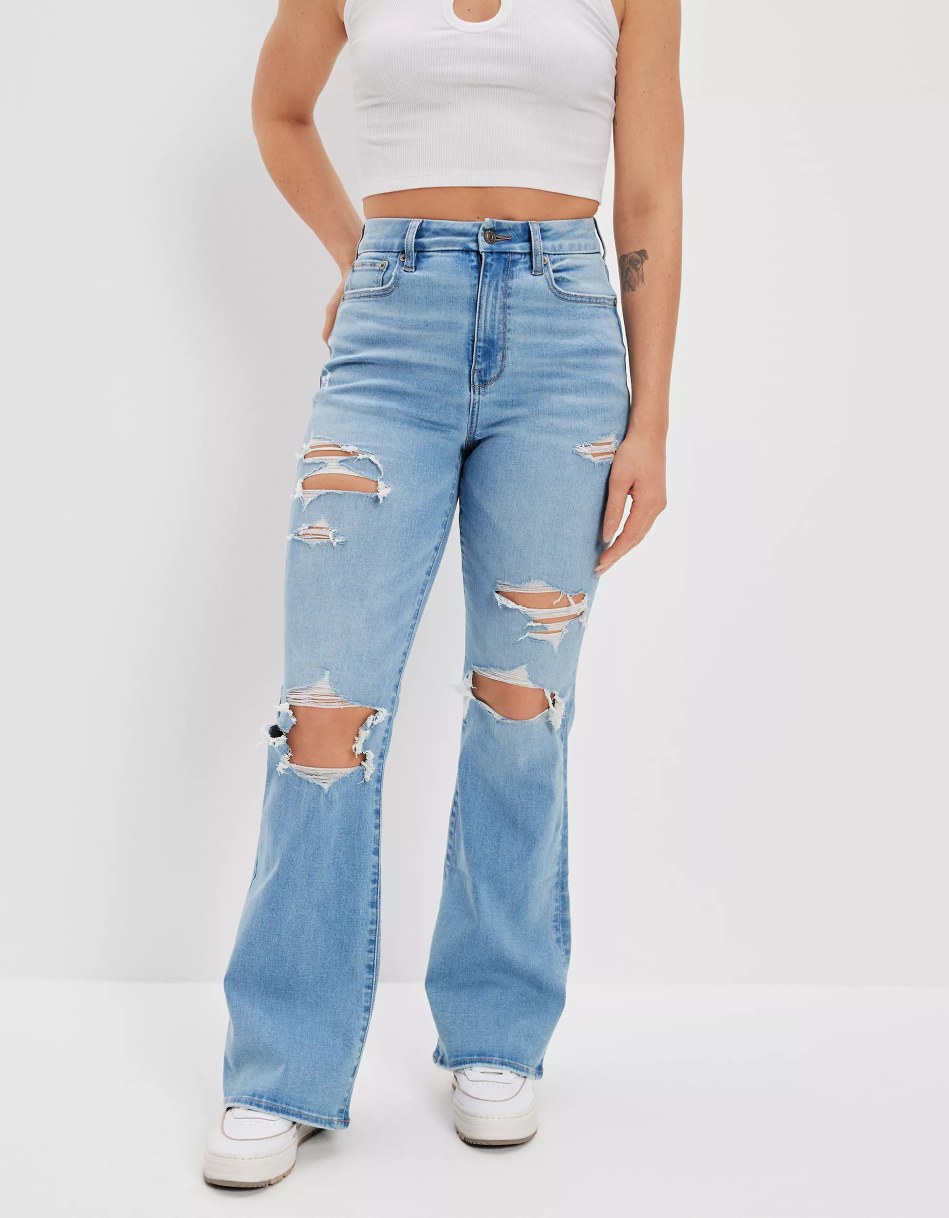 AE Ne(x)t Level Ripped Curvy Super High-Waisted Flare Jean | American Eagle Outfitters (US & CA)