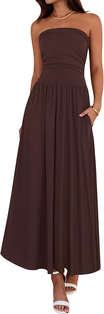 BTFBM Summer Maxi Dresses for Women 2026 Strapless Ruched Tube Top Beach Vacation Spring Wedding ... | Amazon (US)