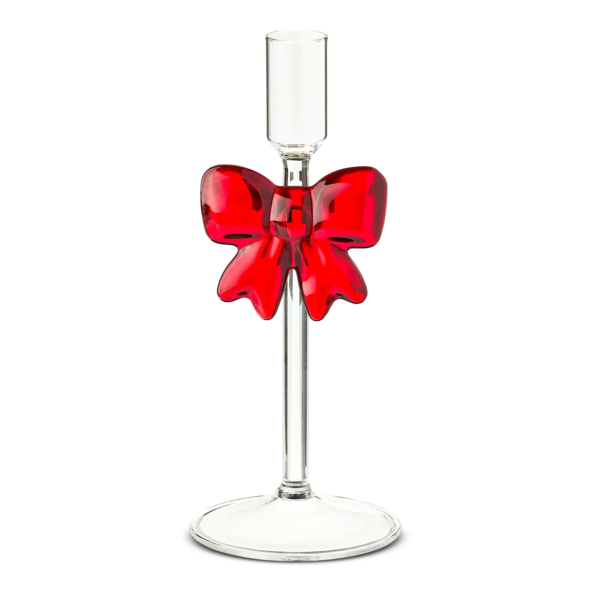 Small Clear Glass Christmas Taper Candle Holder with Bow, 7.75", by Holiday Time | Walmart (US)
