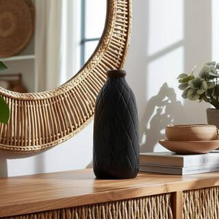 9 in. Black Ceramic Cylinder Decorative Vase with Plaid Textured Design | The Home Depot