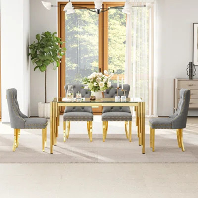5-Piece Modern Glass Dining Table Set, 52.76" Rectangular Tempered Glass Top, Polished Irregular Round Tube Stainless Steel Legs, 4 Velvet Upholstered | Wayfair North America