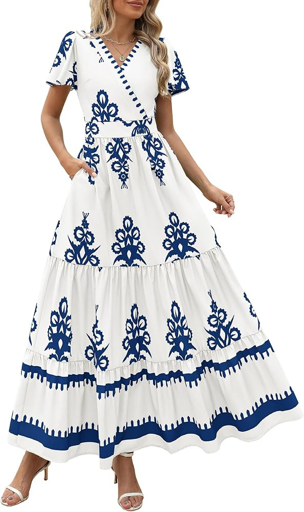 PRETTYGARDEN Womens 2026 Summer Casual V Neck Boho Maxi Dress Flowy Aline Bell Sleeve Tiered Flor... | Amazon (US)