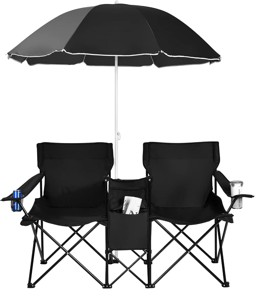 Goplus Double Camping Chair with Umbrella, Folding Loveseat Chairs w/Canopy Shade, Carrying Bag, ... | Amazon (US)