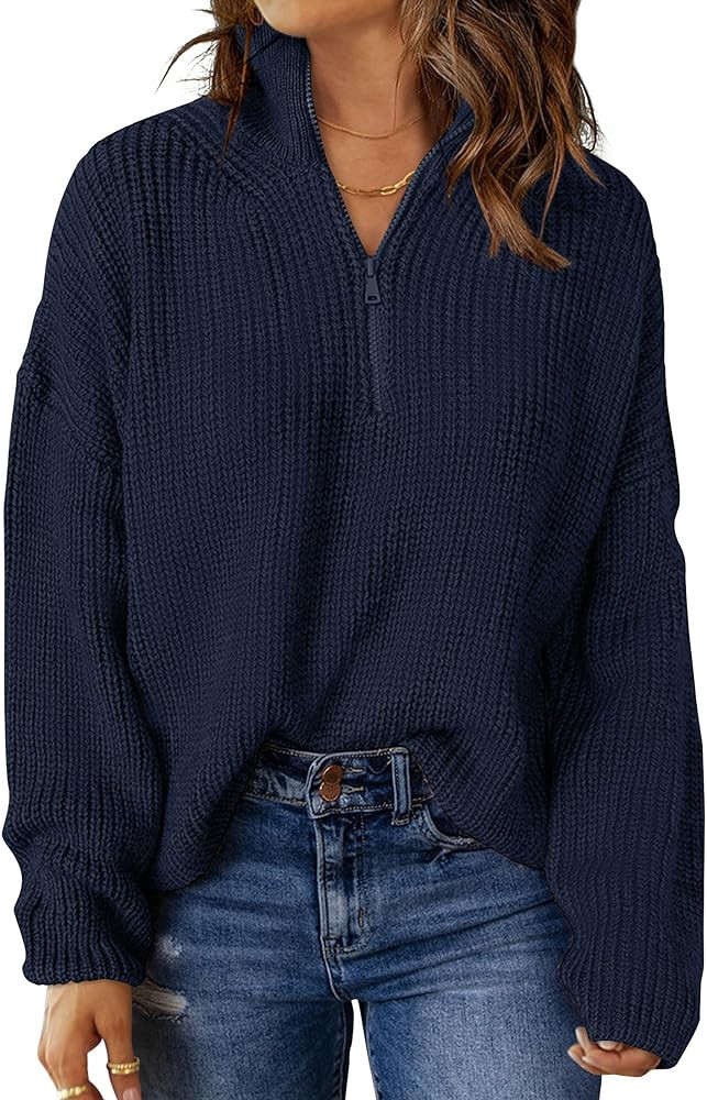 MEROKEETY Women's 2024 Long Sleeve Chunky Knit Sweaters 1/4 Zip Polo V Neck Casual Pullover Tops | Amazon (US)