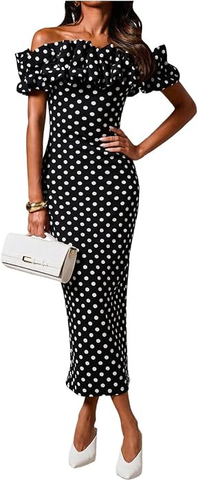 Floerns Women's Polka Dots Ruffle Off The Shoulder Cocktail Bodycon Dresses | Amazon (US)