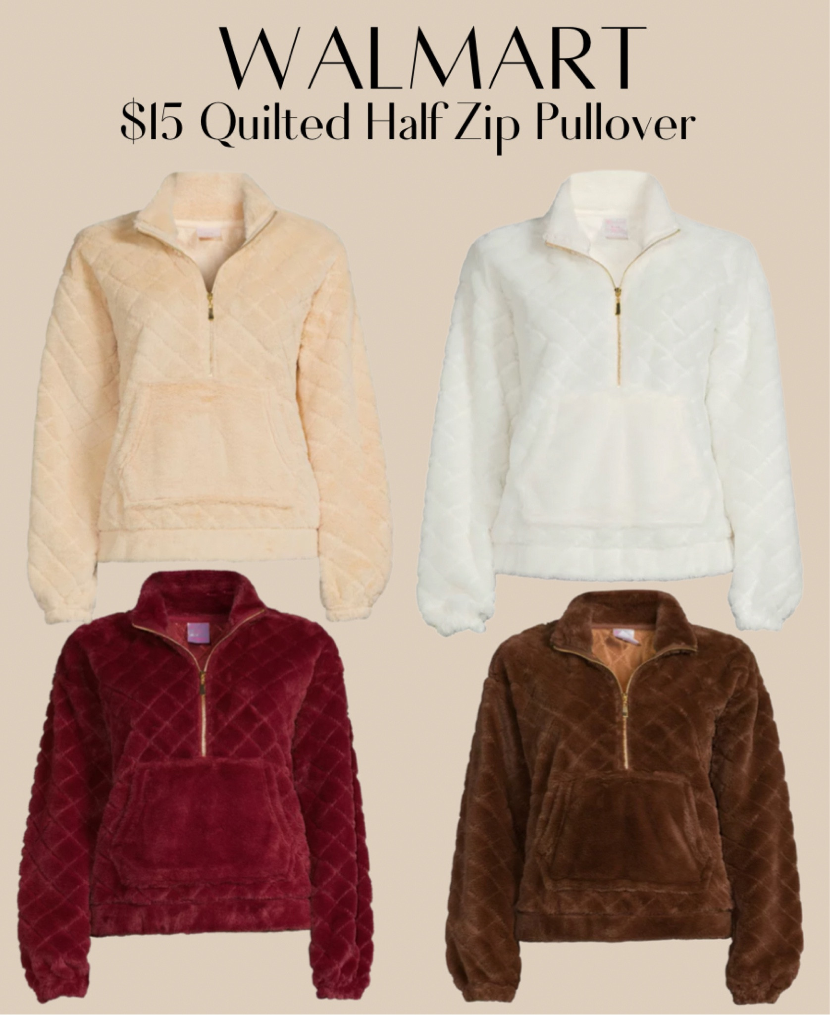 Walmart quilted half zip pullover— available in 4 colors: cream/ivory, white, brown, deep red/burgundy. Love the gold zipper detail & the quilted design on these faux fur sweater pullovers! 🤍 #competition 

#LTKstyletip #LTKunder50 #LTKFind
