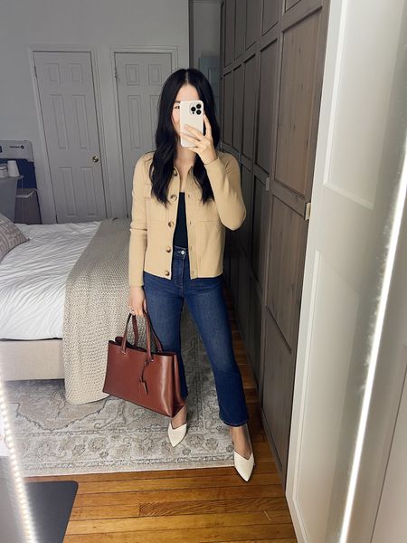 Beige cardigan (XSP)
Beige sweater jacket
Black tank top (XS)
High waisted dark wash jeans (4P)
Boot cut jeans
Dark brown tote bag
White pumps (1/2 size up)
White mule pumps 
Smart casual outfit
Spring work outfit
Neutral outfit
Ann Taylor outfit

#LTKstyletip #LTKfindsunder100 #LTKworkwear