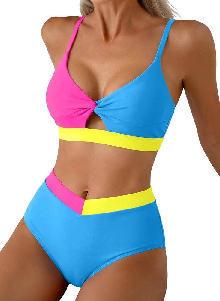Herseas Women's Bikini Sets Twist Color Block Swimsuits 2 Piece High Waisted Bathing Suit Swim Su... | Amazon (US)
