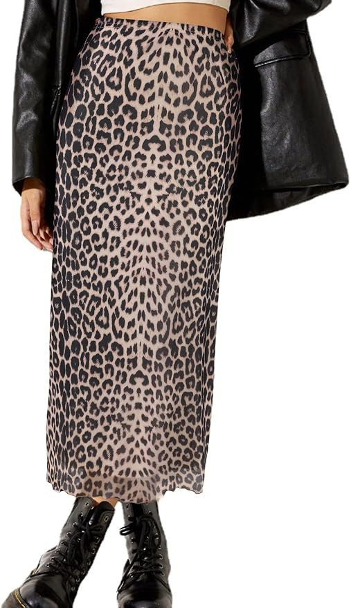 Avanova Women Leopard Print Mesh Midi Skirt High Waist Lettuce Trim Long Straight Skirt Brown Leo... | Amazon (US)