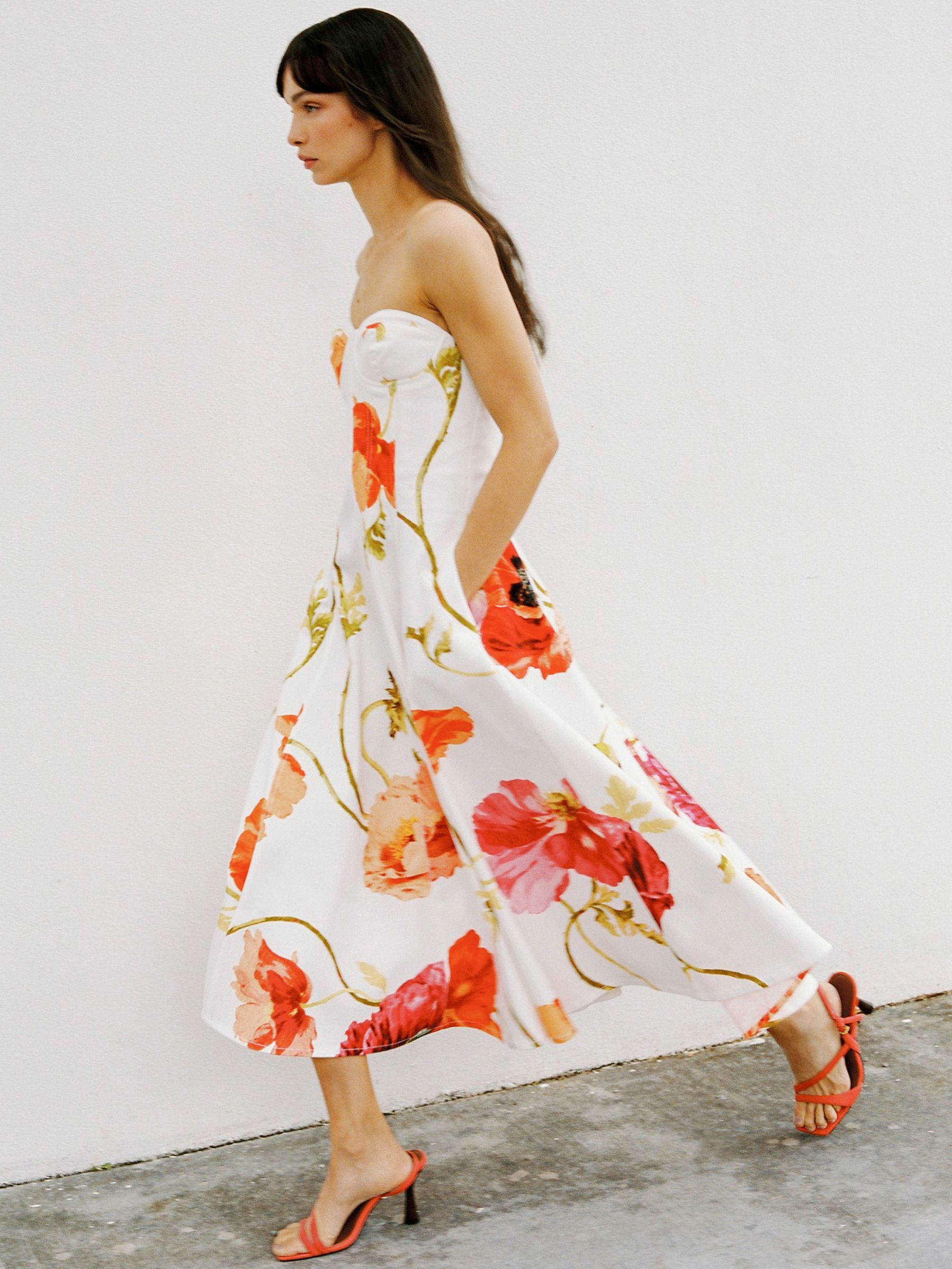 Reiss Cotton Floral Bustier Midi Dress with Stretch in Cream/Red - REISS | Reiss UK