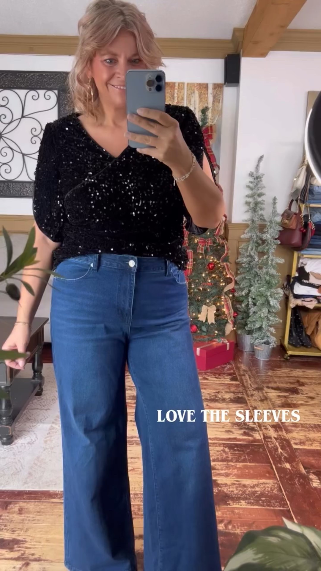 LOVE THE SLEEVES on this gorgeous sequin top and wide leg jeans size xl 

#LTKMidsize #LTKSeasonal #LTKHoliday