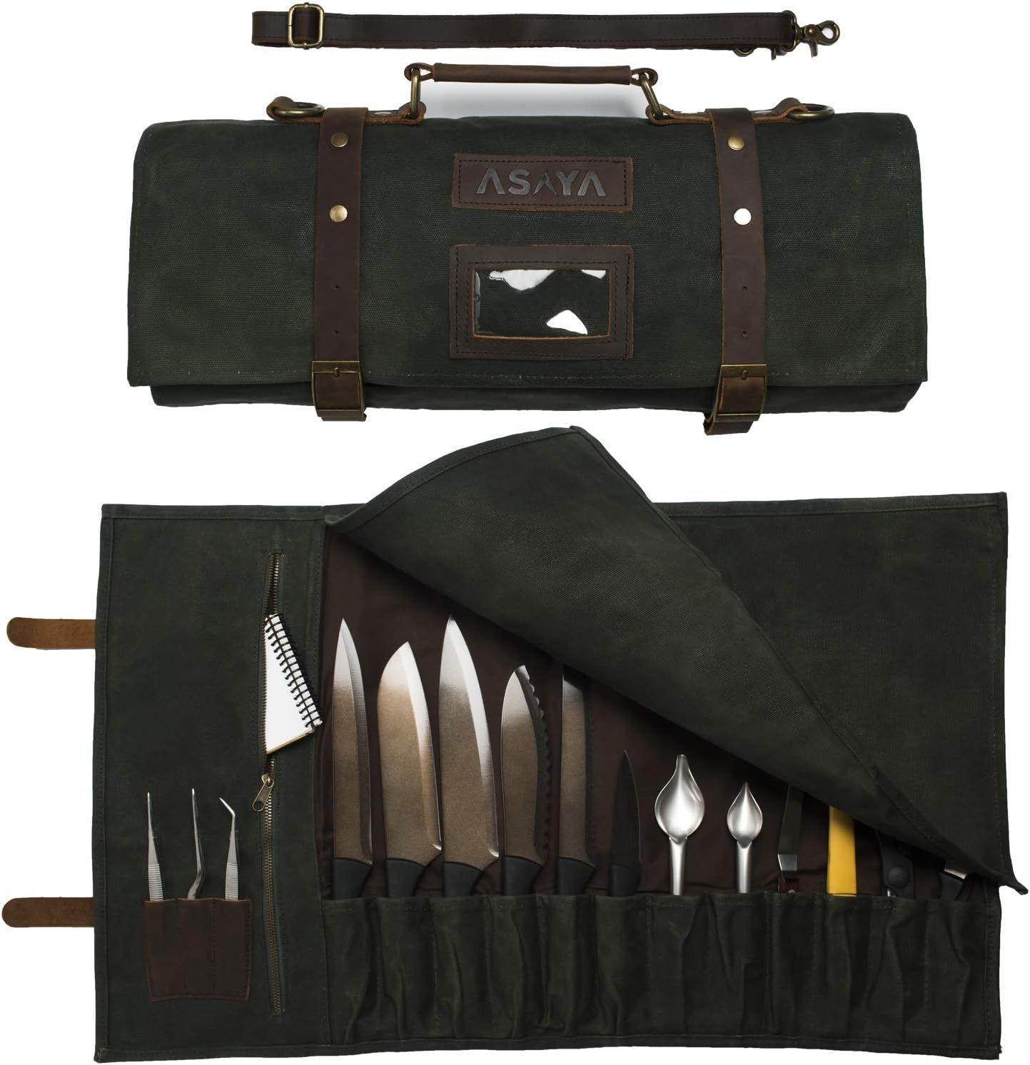 Asaya Waxed Canvas Knife Roll - 15 Knife Slots, Card Holder and Large Zippered Pocket - Genuine L... | Amazon (US)