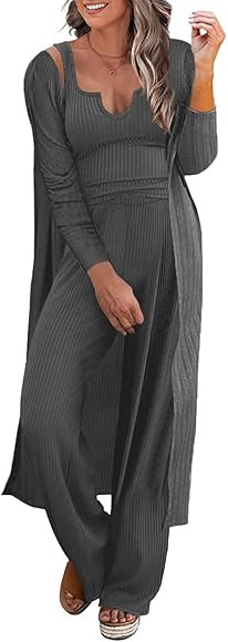 Lveberw Womens 3 Piece Loungewear Set Tank Vest Top Loose Pants and Cardigan Knitwear Jumpsuit Pa... | Amazon (US)
