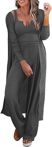 Lveberw Womens 3 Piece Loungewear Set Tank Vest Top Loose Pants and Cardigan Knitwear Jumpsuit Pa... | Amazon (US)