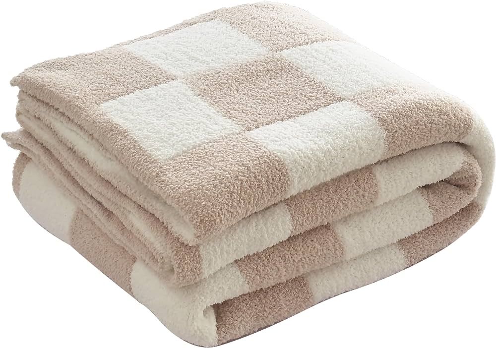 Ultra Soft Cozy Checkered Knitted Throw Blanket Fluffy Microfiber Checkerboard Bed Blanket Lightweight Both Sides Blanket for Couch Sofa Bed (Cream, Throw 50“x60”) | Amazon (US)