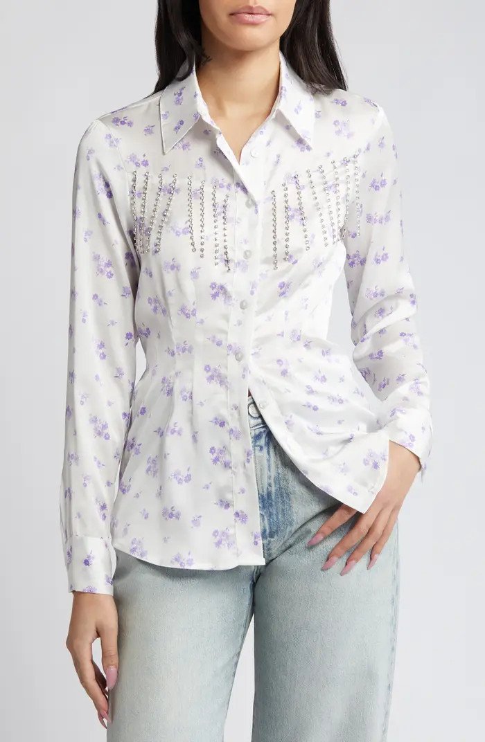 Rhinestone Floral Western Satin Button-Up Shirt | Nordstrom