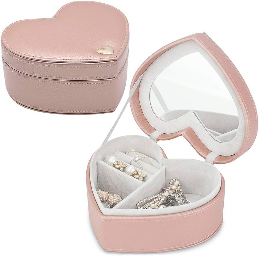 besharppin Jewelry Organizer Case, Heart Shape Portable Jewelry Box with Mirror for Earrings Ring... | Amazon (US)