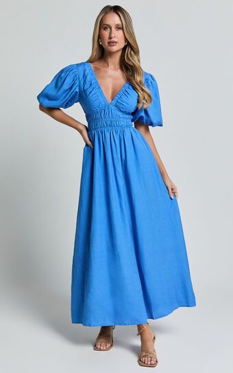 Amalie The Label - Khaila Linen Blend Plunge Puff Sleeve Midi Dress in Blue | Showpo (US, UK & Europe)