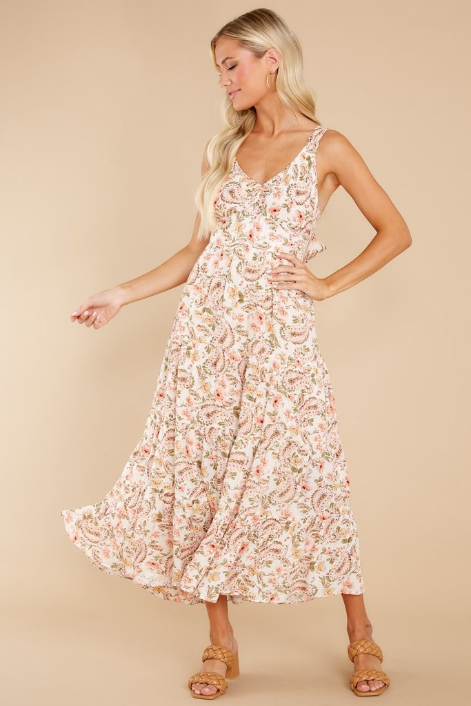 Playful In Paisley Ivory Floral Print Maxi Dress | Red Dress 