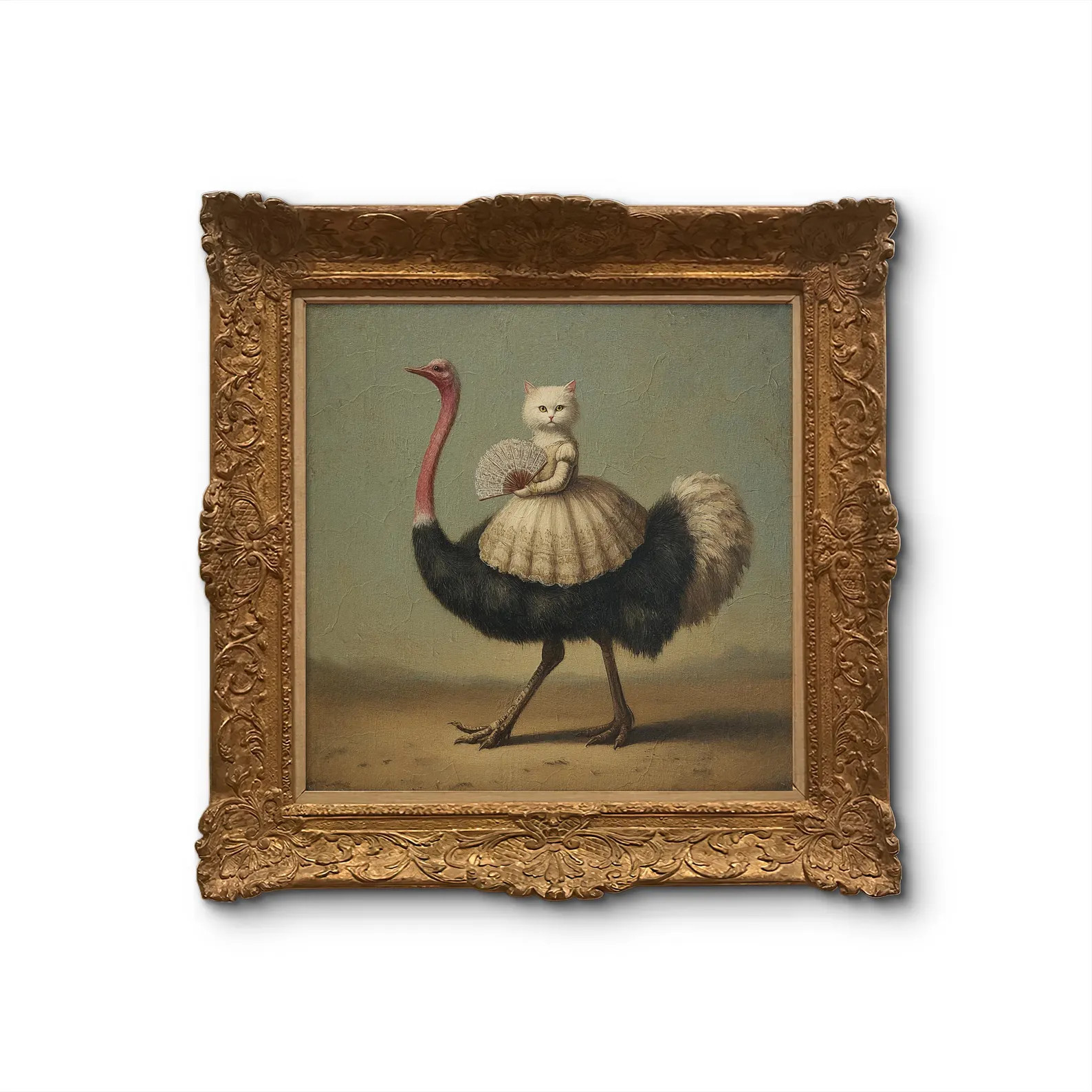Victorian Cat Riding Ostrich Oil Painting Poster | Whimsical Animal Wall Art | Quirky Surreal Pet... | Etsy (US)