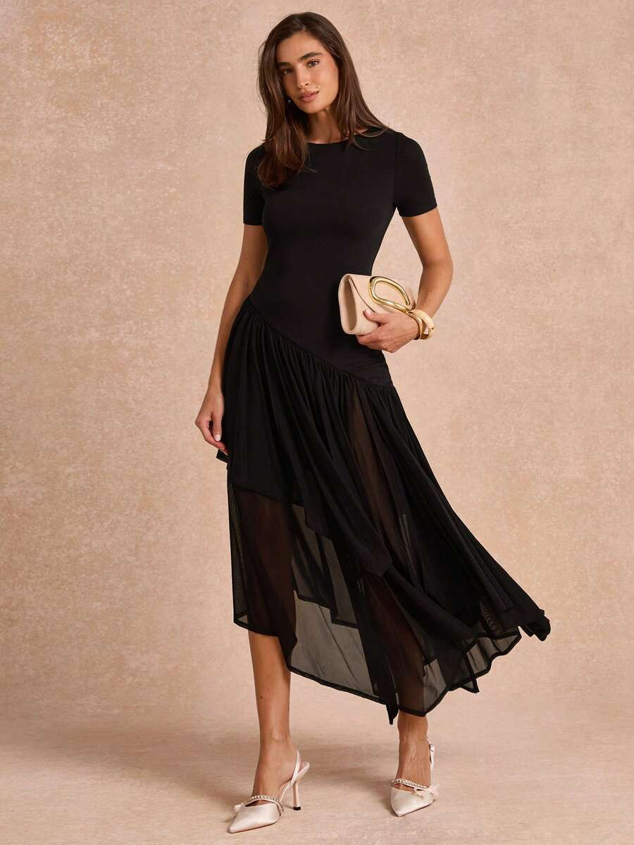 Enchnt Premium Summer Romantic Women's Elegant Black Slimming Knit Hem Midi Dress, Casual, Birthday, Work Night Party Outfits, Festival Outfit | SHEIN
