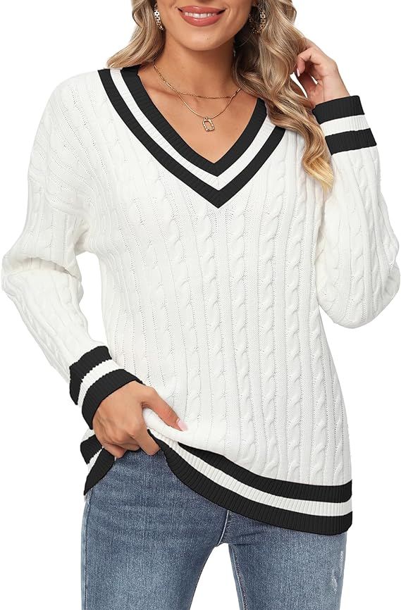Jollycode Women's Cable Knit V Neck Sweaters Casual Long Sleeve Pullover Striped 2023 Trendy Loos... | Amazon (US)