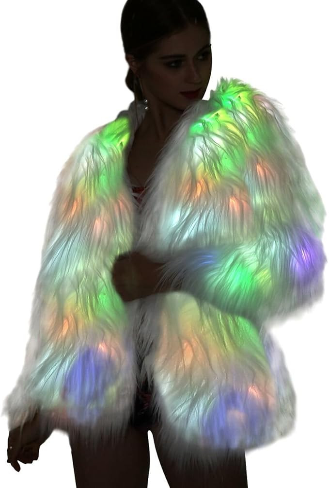 Led Fur Coat for Women Rainbow Sparkly Light Up Jacket White Furry Rave Costume | Amazon (US)