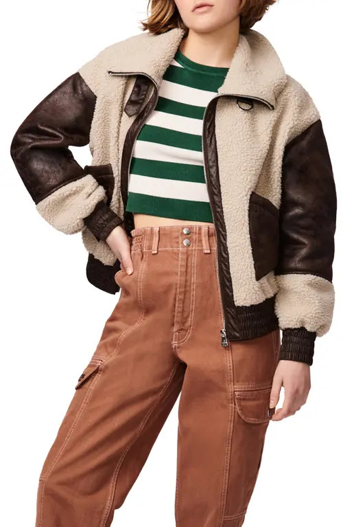 BERNIE Mixed Media High Pile Fleece Bomber Jacket in Brown/Beige at Nordstrom, Size Large | Nordstrom