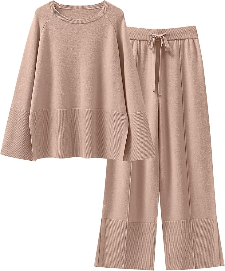 ANRABESS Womens 2 Piece Outfits Oversized Knit Sweater Set Wide Leg Pant Cozy Lounge Matching Paj... | Amazon (US)