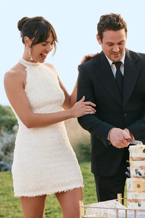 Absolutely Luxe Cream Textured Pearl Halter Mini Dress | Lulus