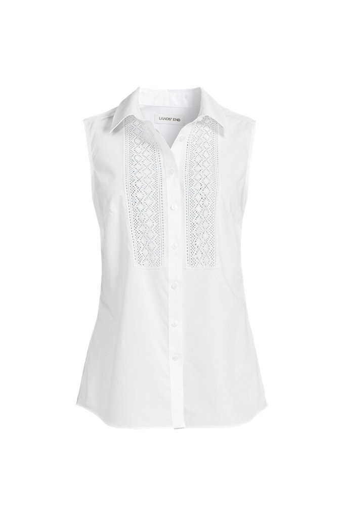 Women's Plus Size Sleeveless No Iron Shirt with Lace Inset - Lands' End - White - 1X | Lands' End (US)