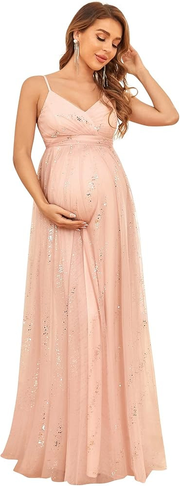 Ever-Pretty Women's Spaghetti Straps V-Neck Tulle Backless Sequin A-line Maternity Party Dress 0135A | Amazon (US)