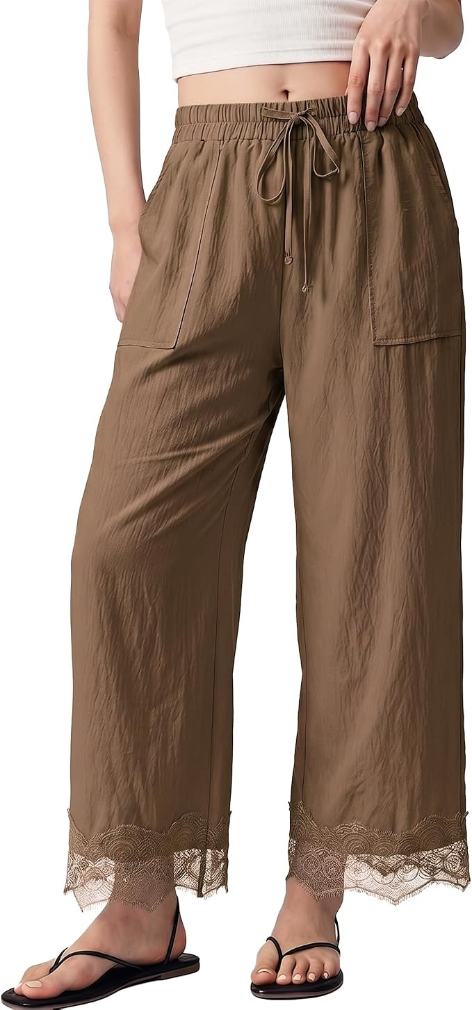 Womens Lace Hem Pants Lightweight Drawstring High Waisted Pants Wide Leg Cropped Casual Trousers ... | Amazon (US)