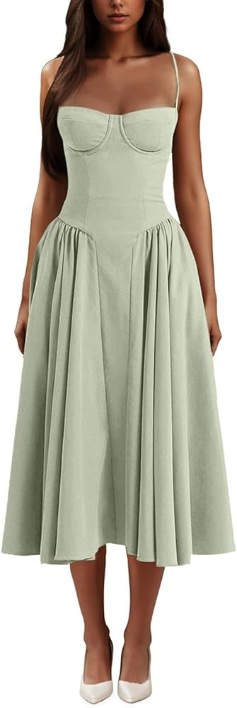 Casual Summer Dresses for Women Spaghetti Strap Midi Dresses Low Cut Bustier Dress with Pockets | Amazon (US)