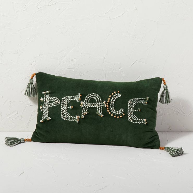 Peace Beaded and Embroidered Velvet Lumbar Throw Pillow Green - Opalhouse&#8482; designed with Ju... | Target