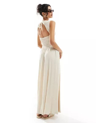 ASOS DESIGN crinkle shirred bodice maxi dress with open back in stone | ASOS (Global)