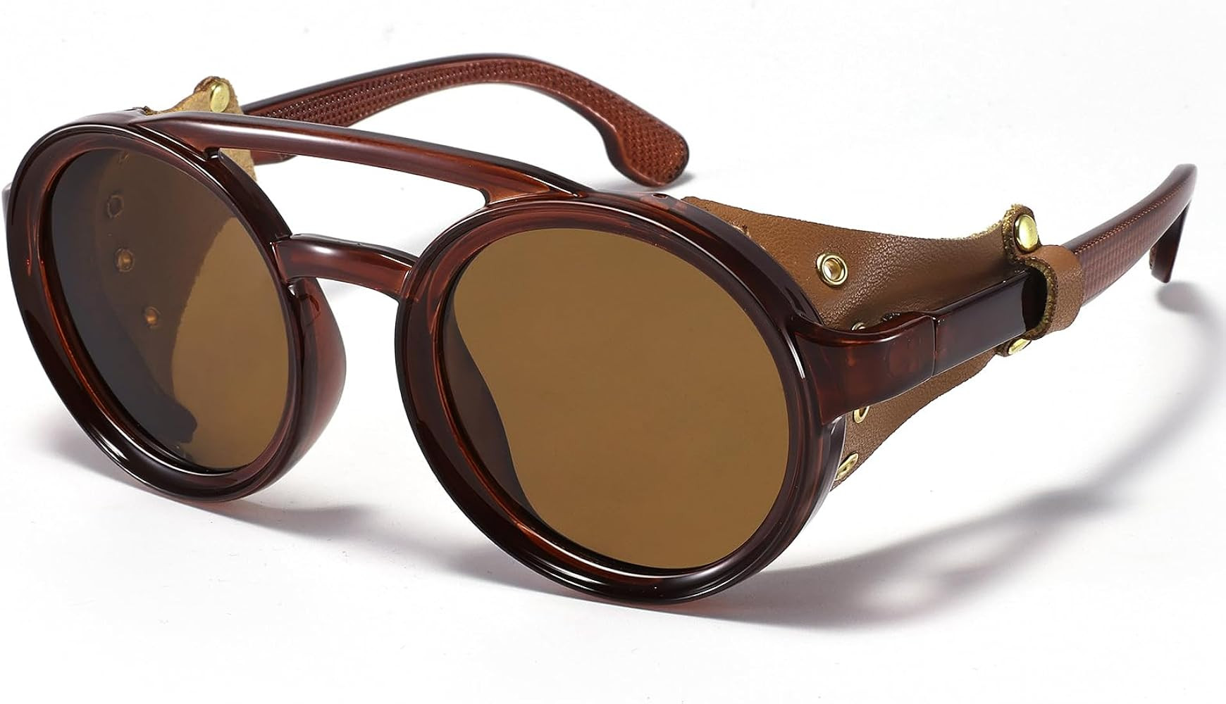Polarized Round Steampunk Sunglasses with Leather Side Double Bridge Shield Retro Eyewear for Men... | Amazon (US)