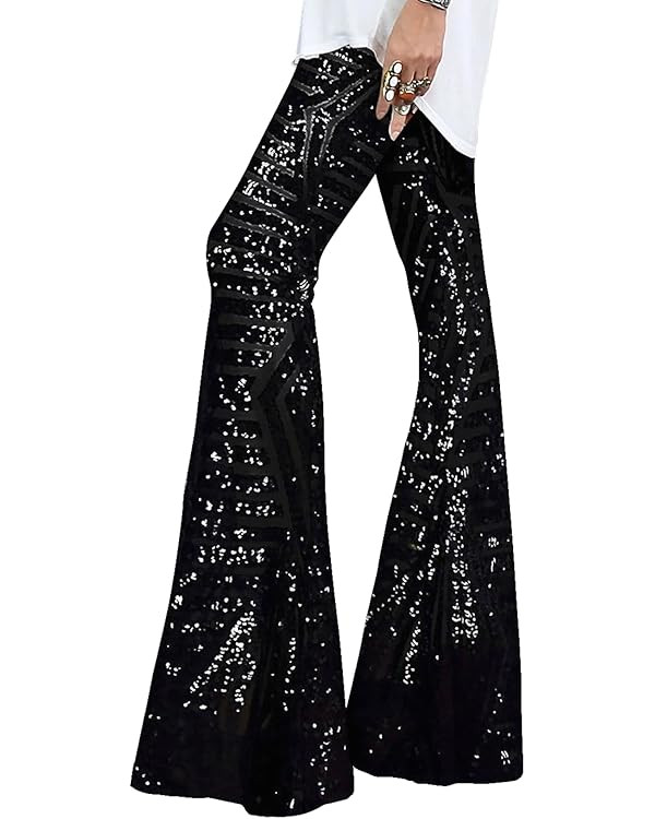 EVALESS Women Sequin Pants Sparkly Glitter High Waisted Wide Leg Flare Trousers Bell Bottom Night... | Amazon (US)