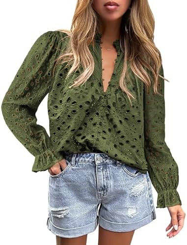 PRETTYGARDEN Women's Dressy Casual Blouse Tops Fall Spring Puff Long Sleeve Button V Neck Hollow ... | Amazon (US)