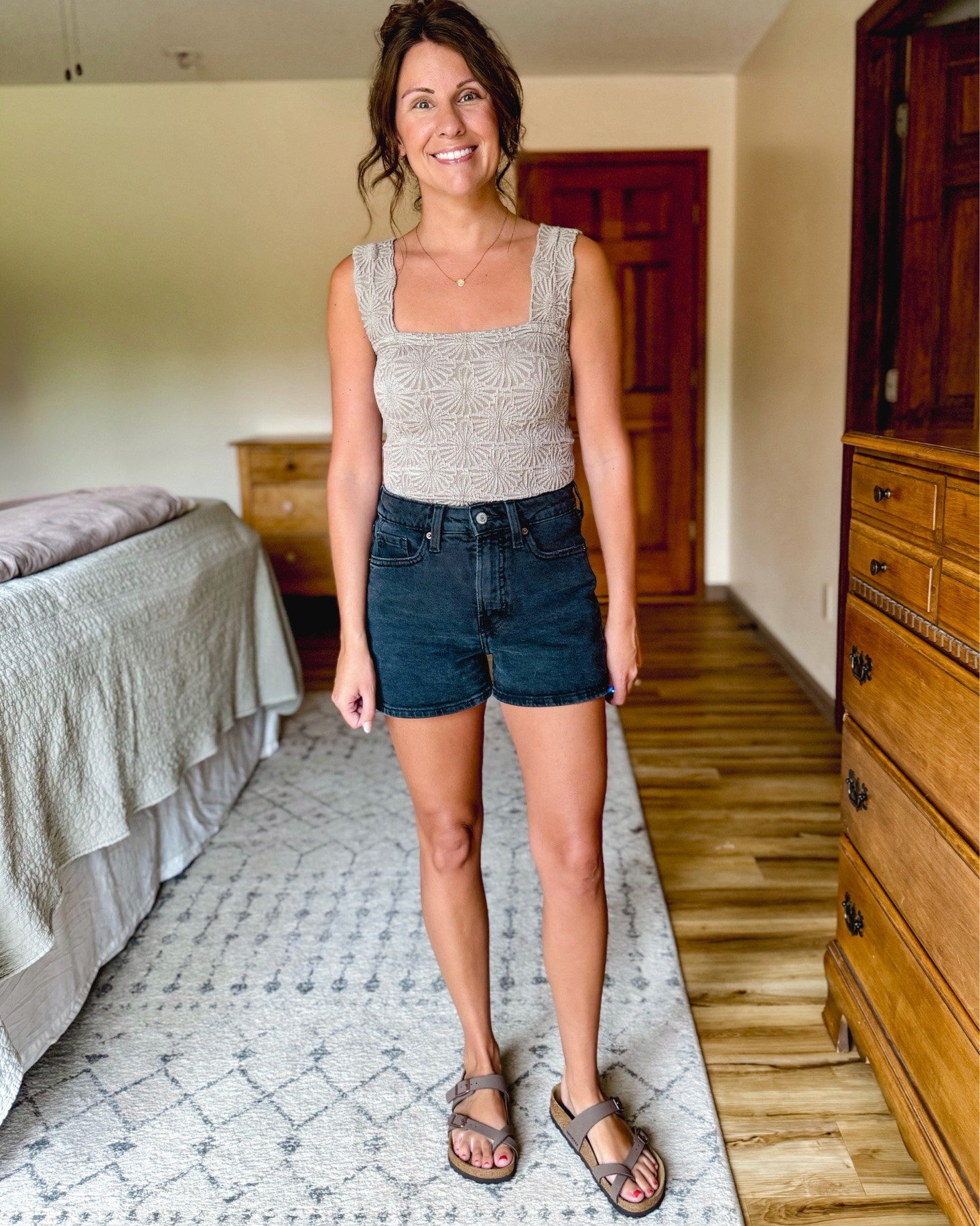 Wearing medium in the tank (I own in 4 colors—it’s stretchy and small would work too!) and size 0 in the shorts. My shorts older so I linked similar ones!

My strapless bra is size small

My black cotton button up is size small. 

My sandals fit best a 1/2 size down (36)
