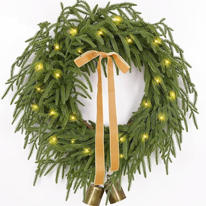 Christmas Wreath -24 Inch Real Touch Norfolk Pine Wreath for Front Door, Christmas Wreath with Li... | Amazon (US)