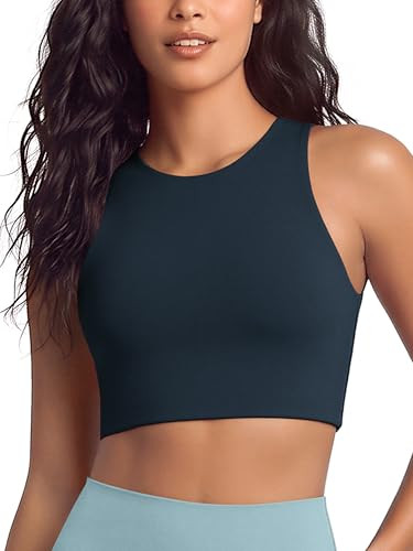 ODODOS Racerback Tank Bra for Women High Neck Non Padded Medium Support Sports Bra Workout Yoga Crop Tops, Deep Navy, Medium | Amazon (US)