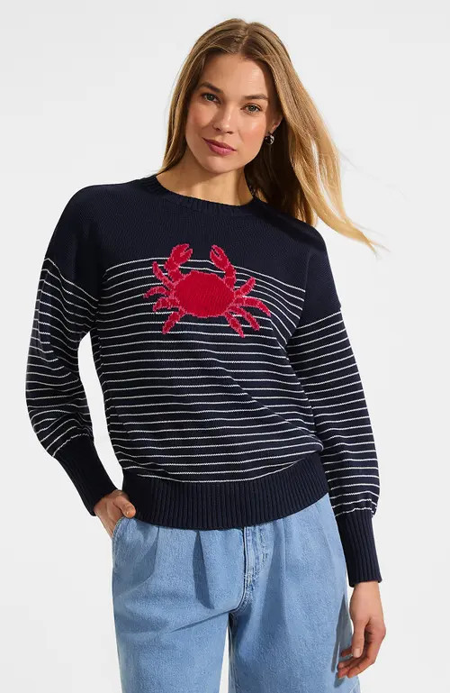 Lands' End Drifter Jersey Crewneck Sweater in Red Crab/navy at Nordstrom, Size Large | Nordstrom