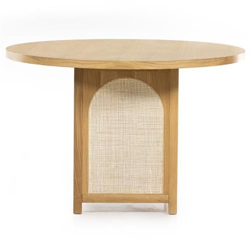 Allie Coastal Light Brown Oak Wood Natural Cane Round Dining Table - 45.25"W | Kathy Kuo Home