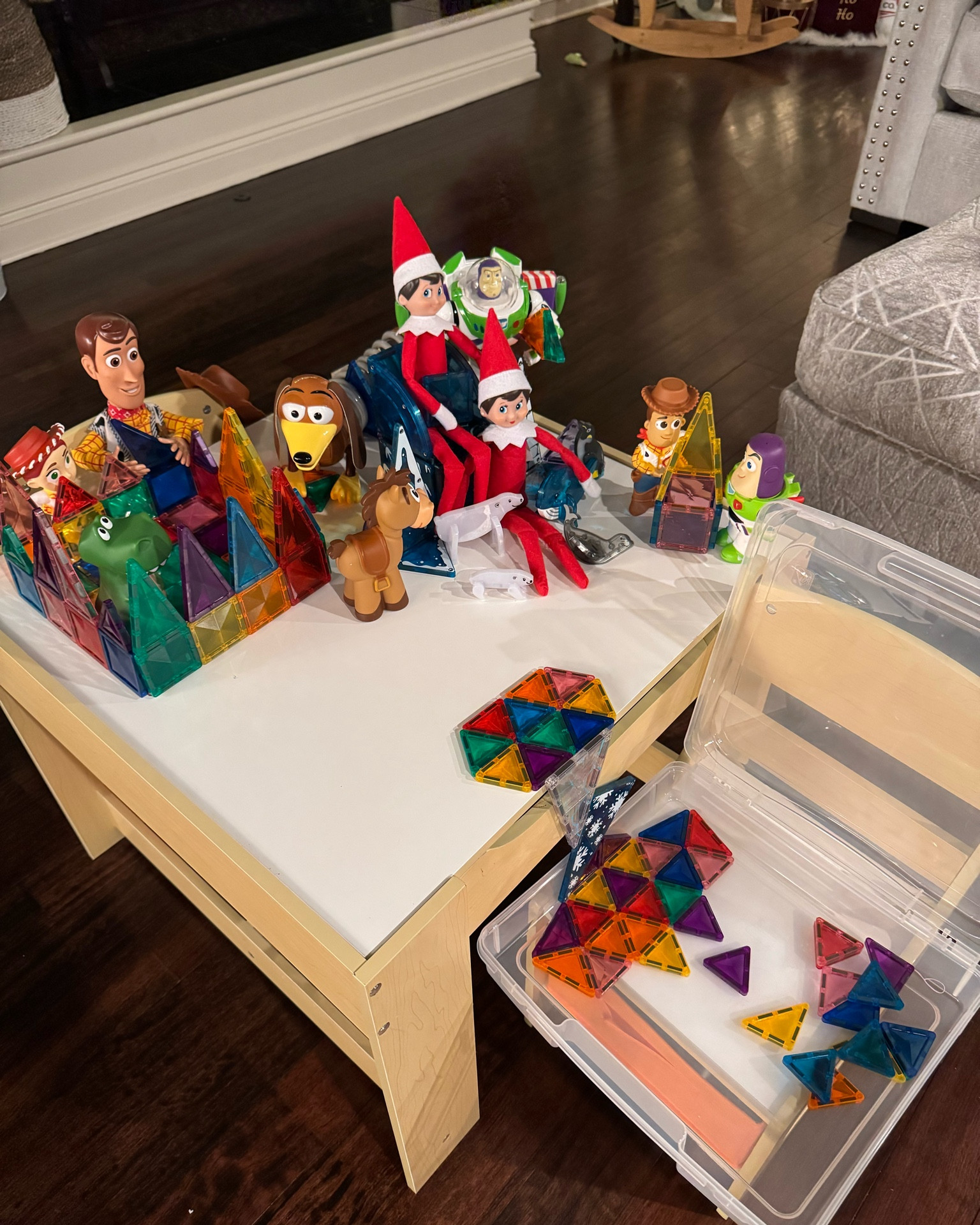 Elf on the shelf idea 💡 Building magna tiles with Toy Story Friends! 💕 Also love these storage containers, we have them all over the house. 

Activity table. Elf on the shelf ideas. Toddler toys. Toy organizers. Toy storage. Storage bins. 

#LTKHoliday #LTKFamily #LTKGiftGuide