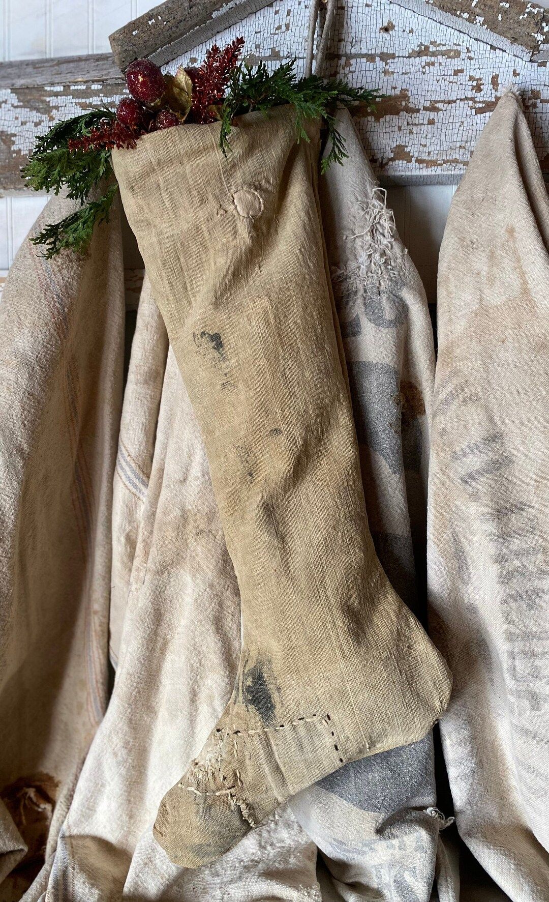 Antique Grain Sack Christmas Stocking/Primitive Christmas Stocking | Etsy (US)