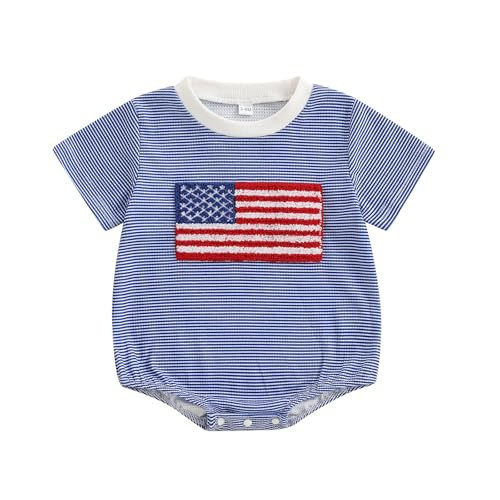 Dobeiokal 4th of July Baby Boy Outfit American Flag Short Sleeve Bubble Romper Waffle Bodysuit Cute Fourth of July Baby Boy Outfit(B-Blue Flag,12-18 Months) | Amazon (US)
