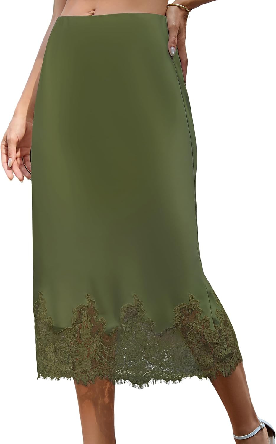 Bsubseach Women Satin Midi Skirt Elastic Waist A-Line Skirt with Lace Trim | Amazon (US)