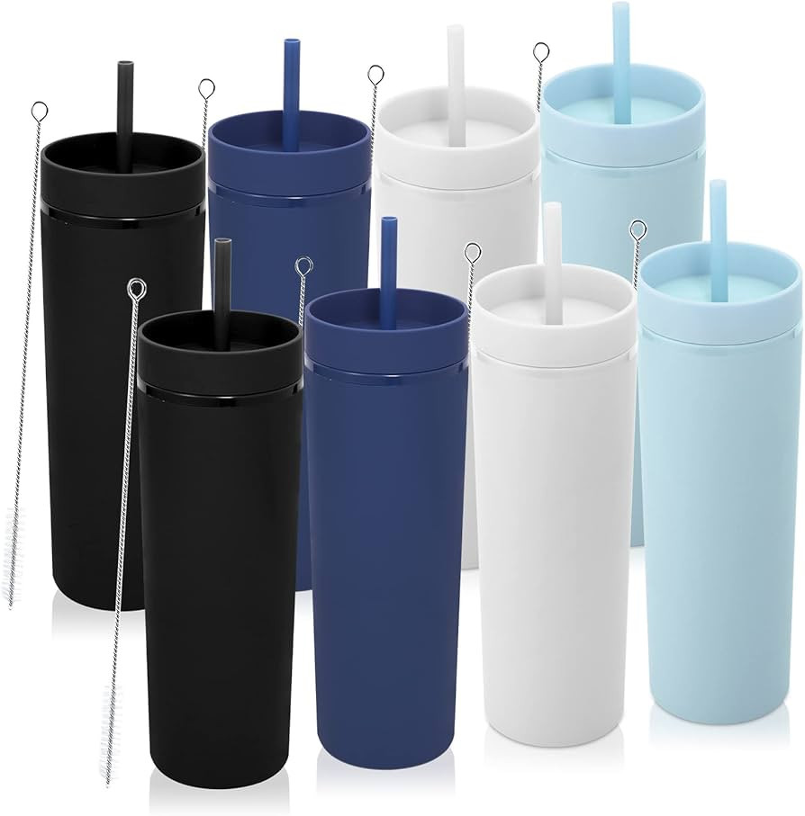 Volhoply 20oz Tumbler with Lid and Straw 8 Pack,Double Wall Plastic Skinny Tumblers Bulk,Reusable... | Amazon (US)